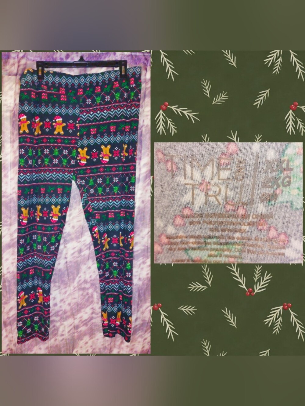 Time and Tru Black/Multiclr Multiprint Christmas Print Knit Leggings Sz XXL(20)